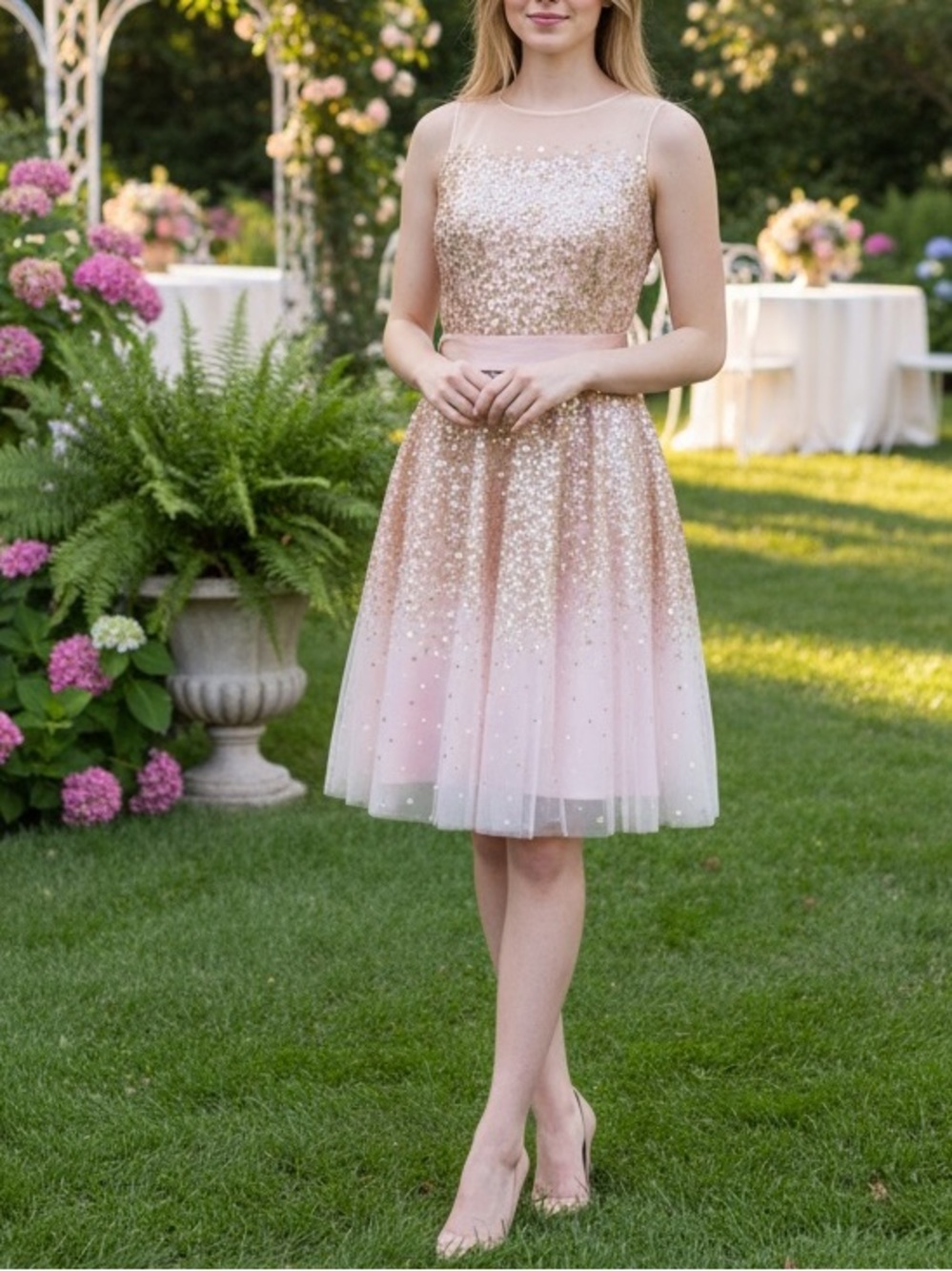 BASIX Pink Gold Sequin Tulle Sleeveless Dress